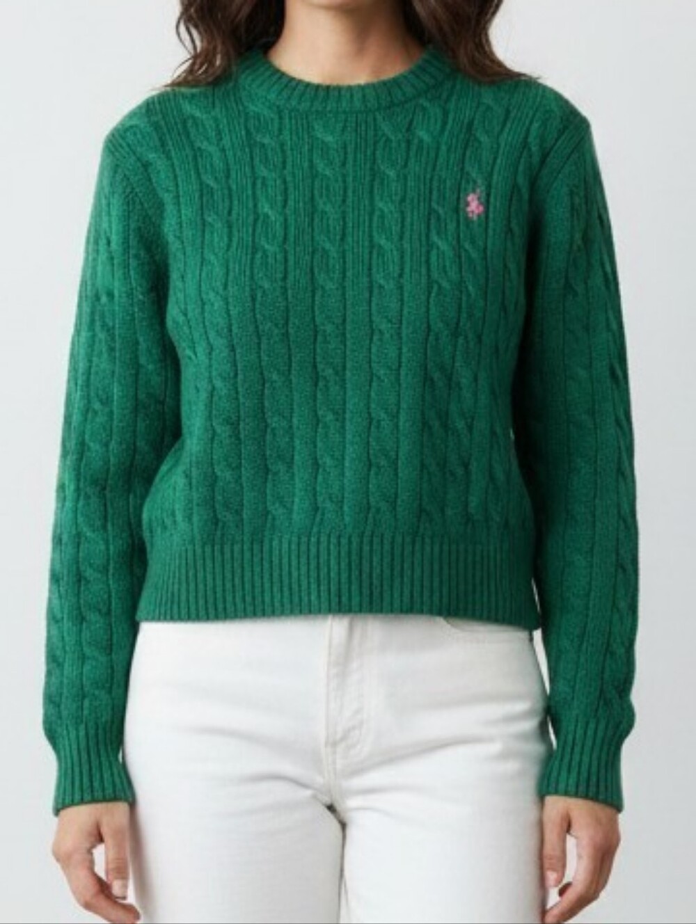 Ralph Lauren Emerald Green Cable-Knit 100% Cotton Crewneck Sweater S